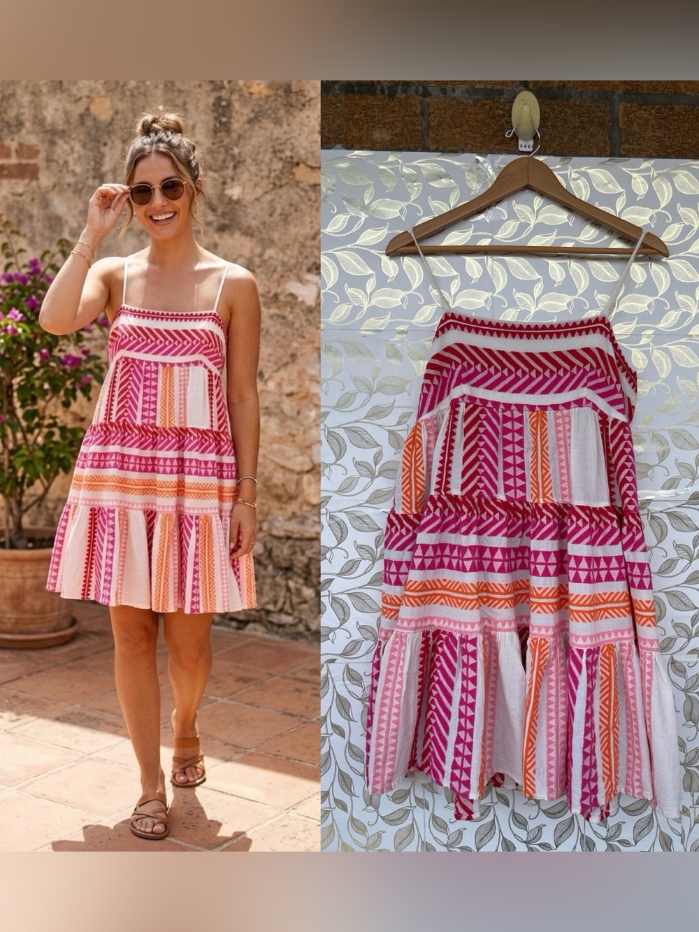 Devotion Twins Geometric Woven Cotton Dress L Pink Orange Tiered Sundress